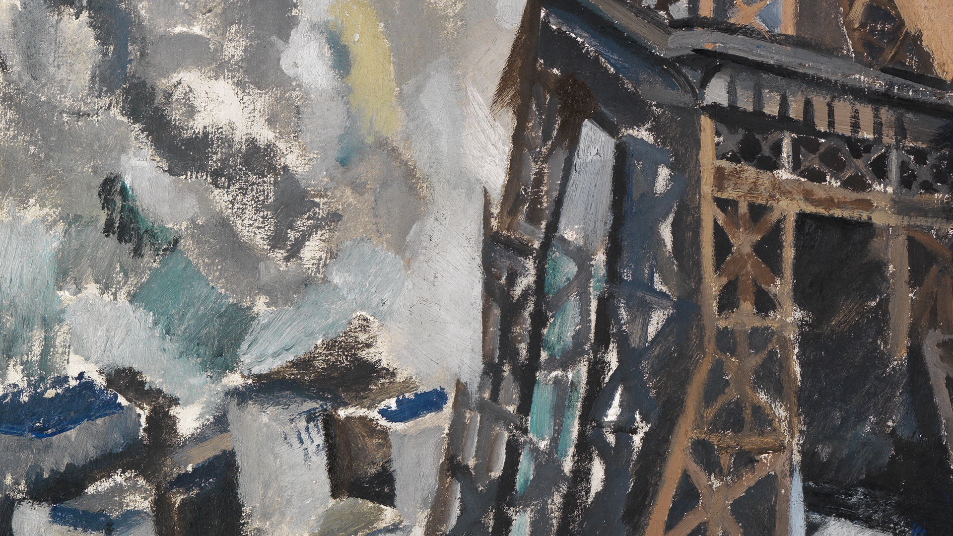 Ausschnitt aus Robert Delaunays Gemälde Der Eiffelturm. Detail: Vogelperspektive Häuser und Metallkonstruktion.