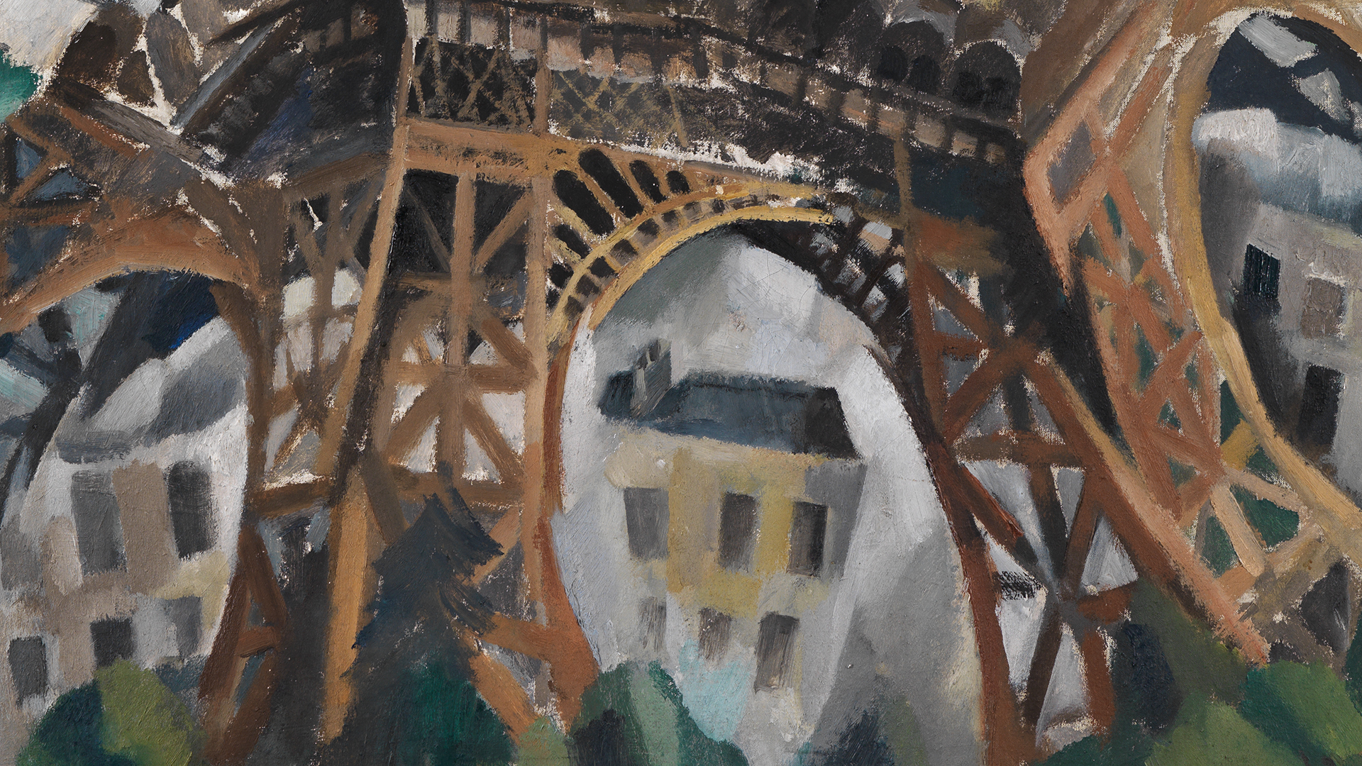 Ausschnitt aus Robert Delaunays Gemälde Der Eiffelturm. Detail: Häuser unter Turmbasis.