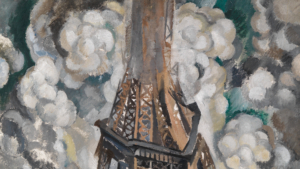 Ausschnitt aus Robert Delaunays Gemälde Der Eiffelturm. Der Turm ragt in die Wolken. Die Turmspitze fehlt.