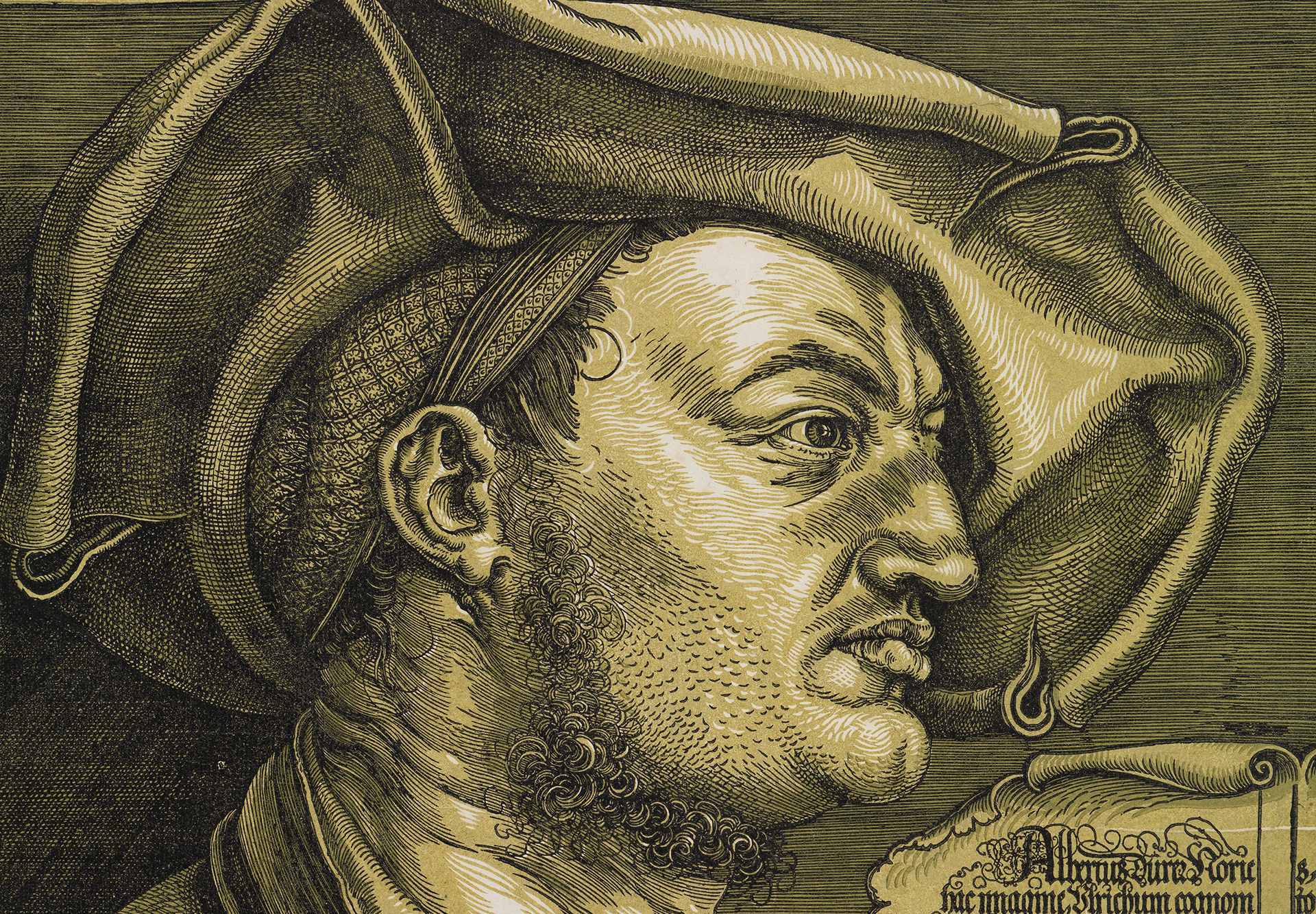 Mehrfarbiger Holzschnitt: Portrait von Ulrich Varnbüler. Mann mit markanten Gesichtszügen, ein Barett schräg auf dem Kopf, blickt zur Seite.