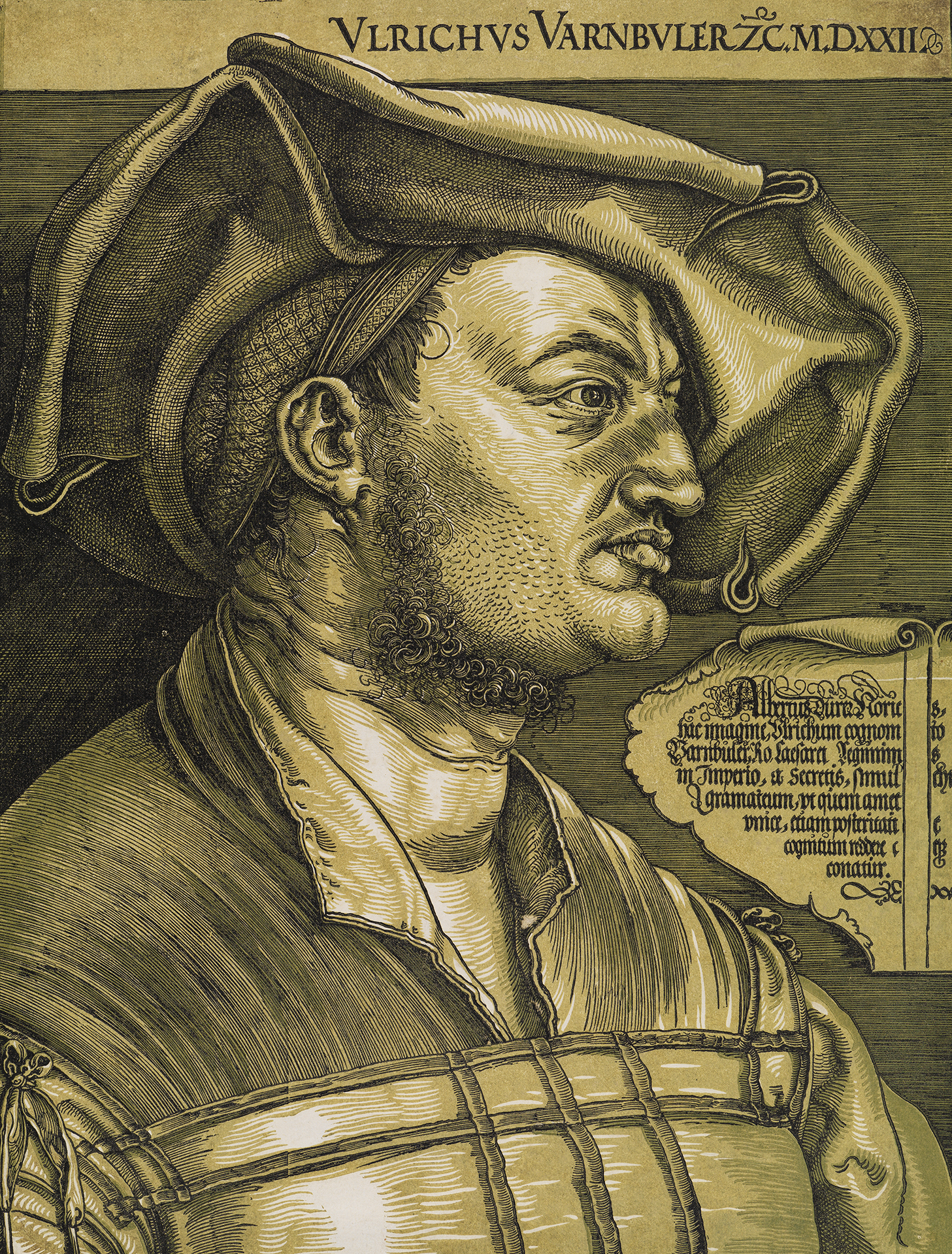 Mehrfarbiger Holzschnitt: Portrait von Ulrich Varnbüler. Mann mit markanten Gesichtszügen, ein Barett schräg auf dem Kopf, blickt zur Seite. Neben ihm eine Kartusche mit Inschrift.