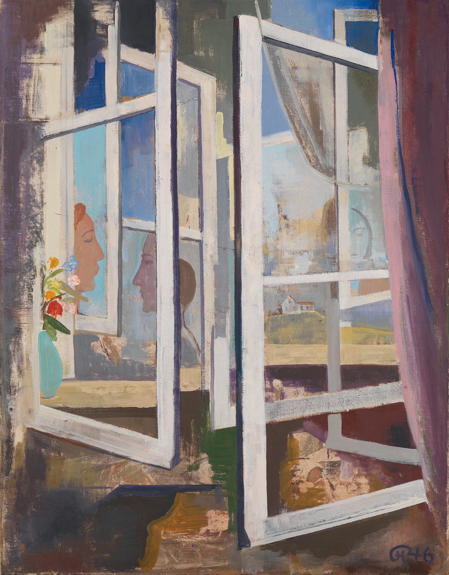 Gemälde von Karl Hofer. Hintereinander gestaffelte, geöffnete Fenster geben Blick auf unterschiedliche Ansichten frei. Unter anderem Blumenvase, Landschaft und Frauengesichter im Profil.