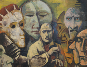 Ausschnitt aus Karl Hofers Selbstbildnis mit Dämonen. Der Maler im Selbstporträt, von großen, maskenhaften Gesichtern umgeben