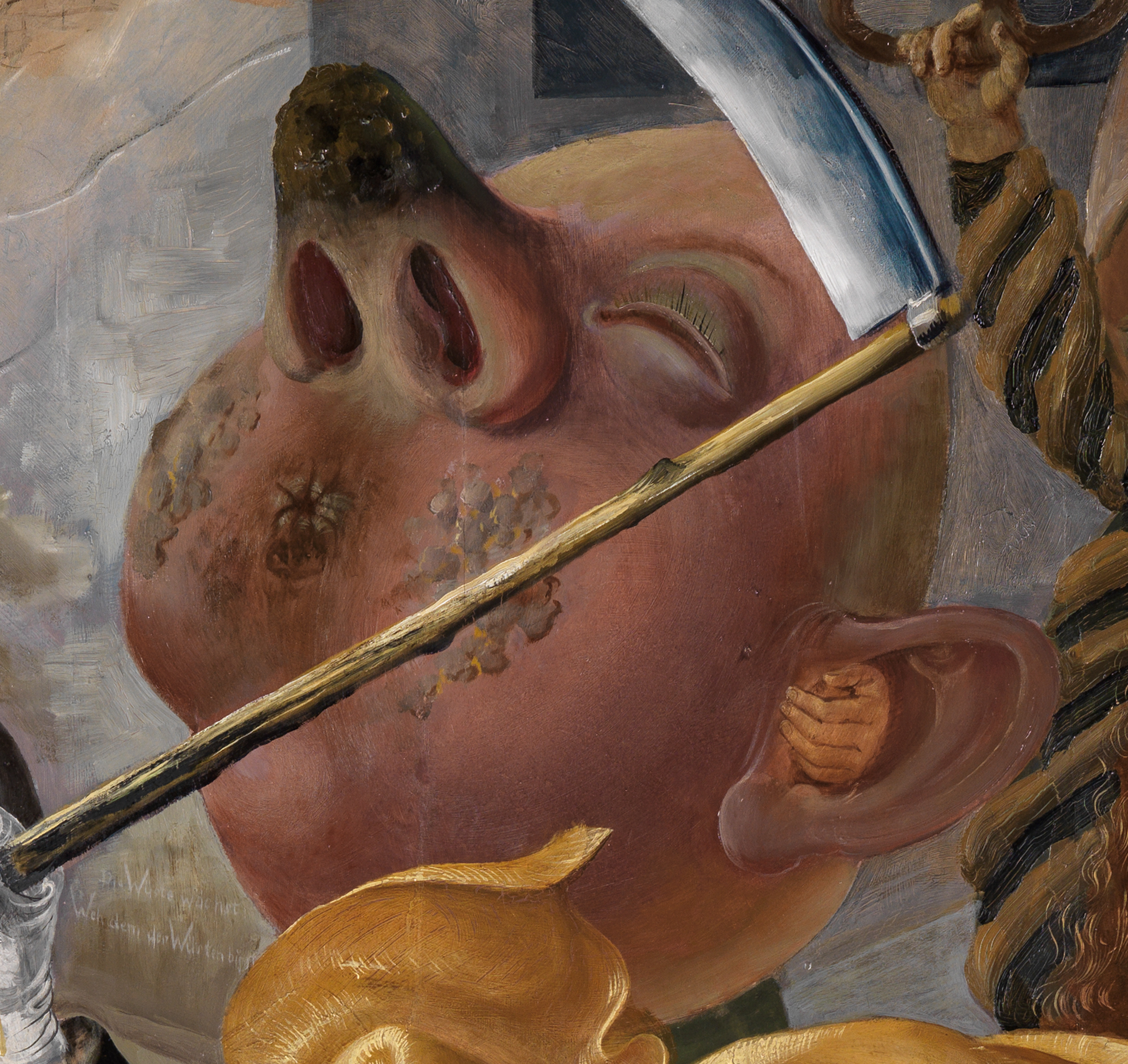 Ausschnitt aus Otto Dix‘ Gemälde Sieben Todsünden. Detail eines gesäßförmigen Kopfs.