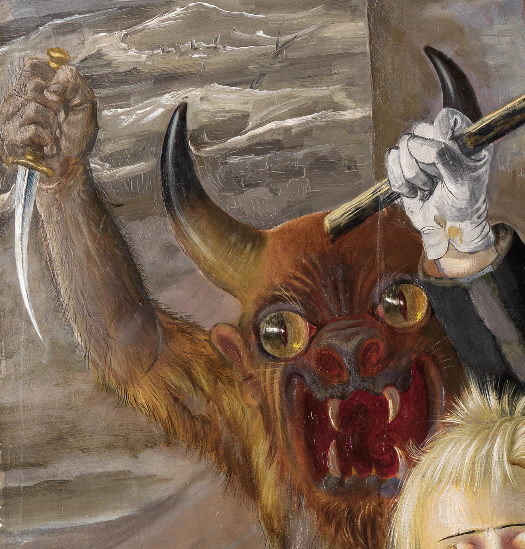 Ausschnitt Otto Dix die „Sieben Todsünden“ Detail, haariges Monster mit Hörnern und aufgerissenen Maul umklammert Dolch.