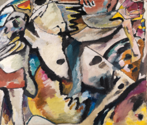 Ausschnitt aus Wassily Kandinskys Gemälde Improvisation 13, abstrahiertes springendes Pferd mit Reiter.