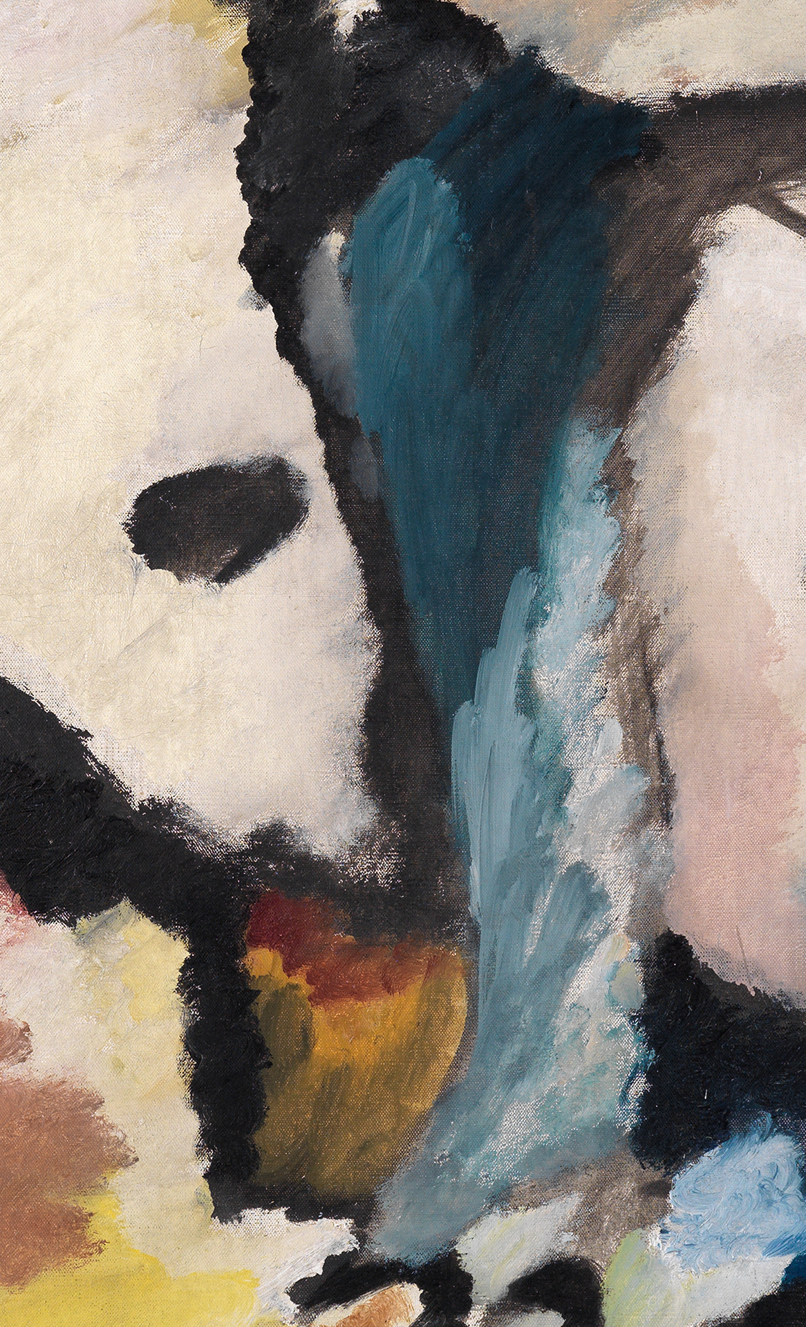 Ausschnitt aus Wassily Kandinskys Gemälde Improvisation 13, Detail: helle, wattige und dunkle Farbflächen treffen aufeinander.