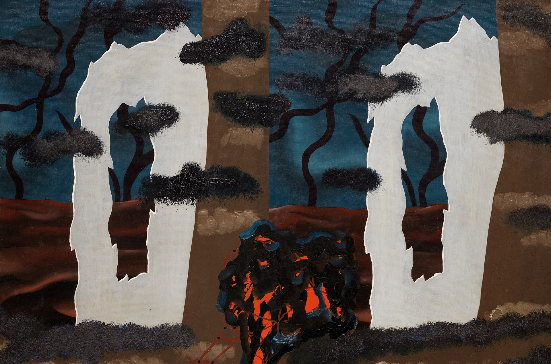 Ausschnitt aus René Magrittes Gemälde Le Goût de l‘invisible. Unregelmäßige Formen in surrealer Landschaft.