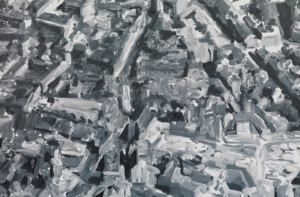 Ausschnitt aus Gerhard Richters Gemälde Stadtbild F. Kräftige Pinselstriche in Schwarz, Weiß, Grau.