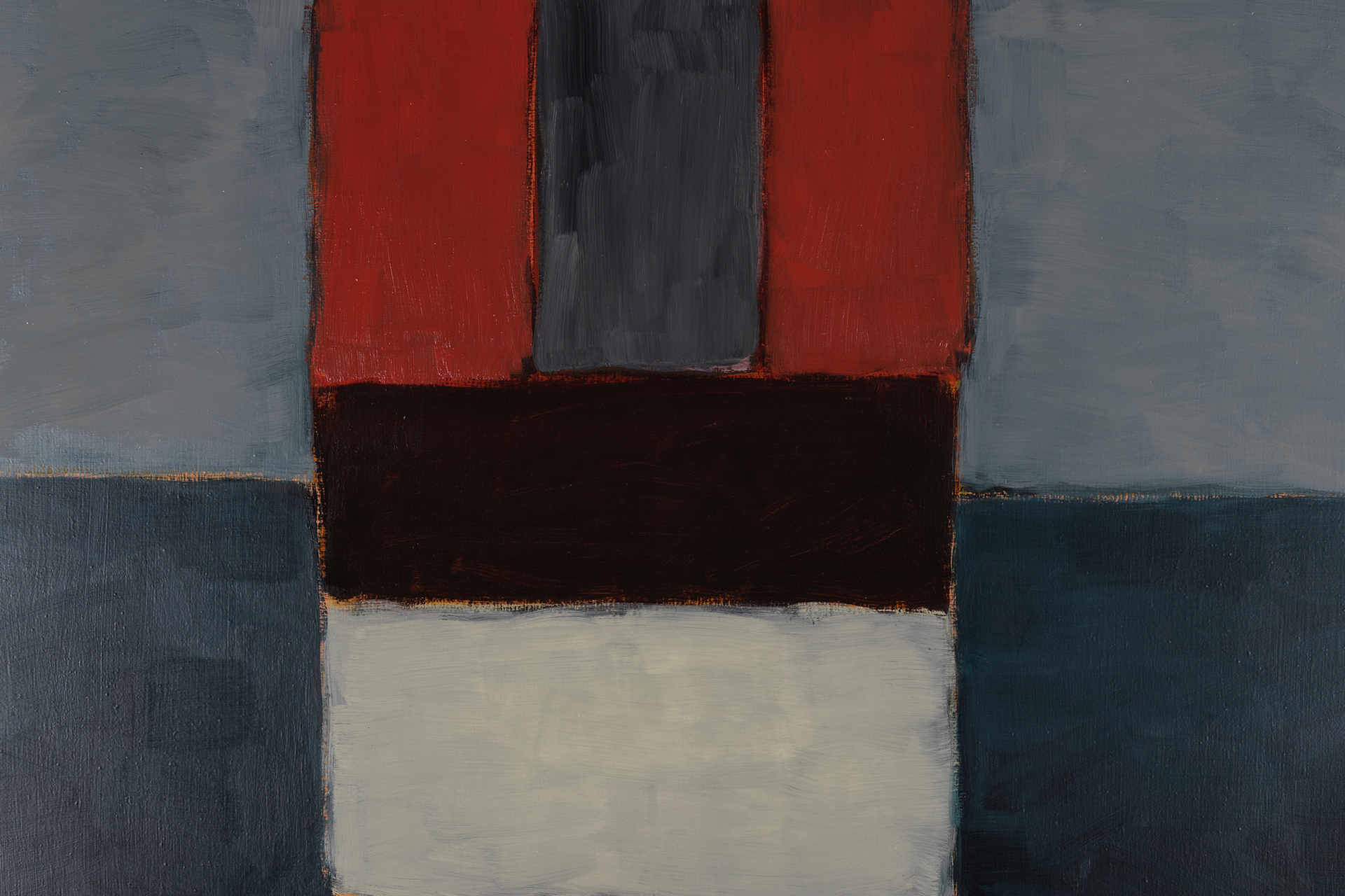 Abbildung eines abstrakten Gemäldes mit grauen, schwarzen und rötlichen Farbflächen