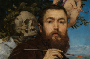 Ausschnitt aus dem Selbstbildnis von Hans Thoma: Gesicht des Künstlers mit Totenschädel und Putto.