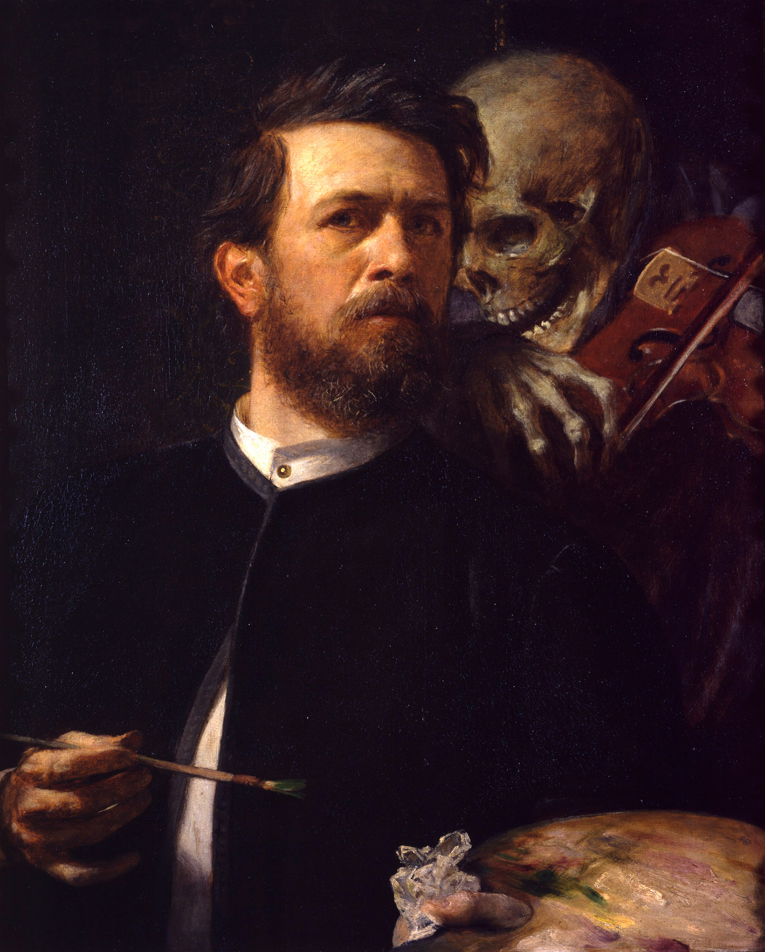 Autoportrait d'Arnold Böcklin: De derrière, un squelette jouant du violon s'accroche au peintre.