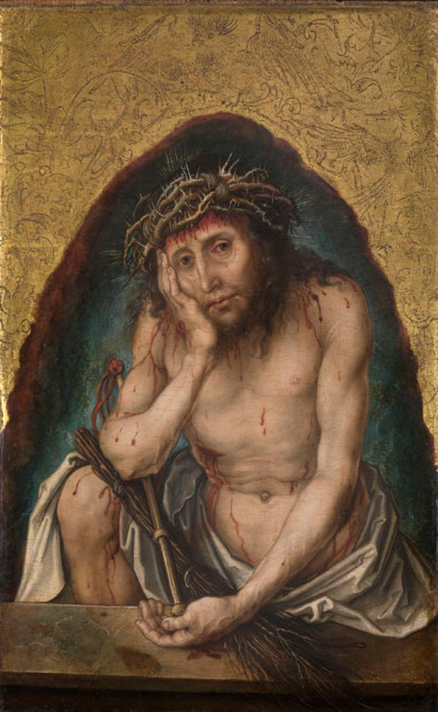 Renaissance artwork by German artist Albrecht Dürer depicts Jesus Christ as the Man of Sorrows. Jesus wears a crown of thorns and rests his head on his hand.