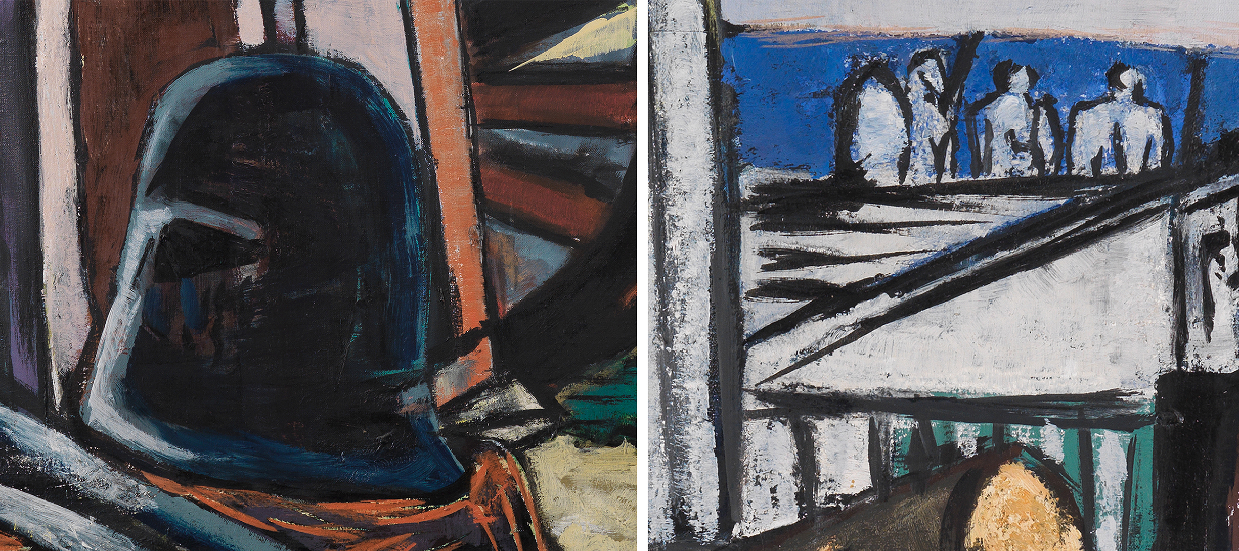 Links: Ausschnitt aus Max Beckmanns Gemälde Abtransport der Sphinxe. Detail eines Helms und eines Schwerts. Rechts: Ausschnitt aus Max Beckmanns Gemälde Abtransport der Sphinxe. Detail eines weißen Tempels vor blauem Hintergrund.