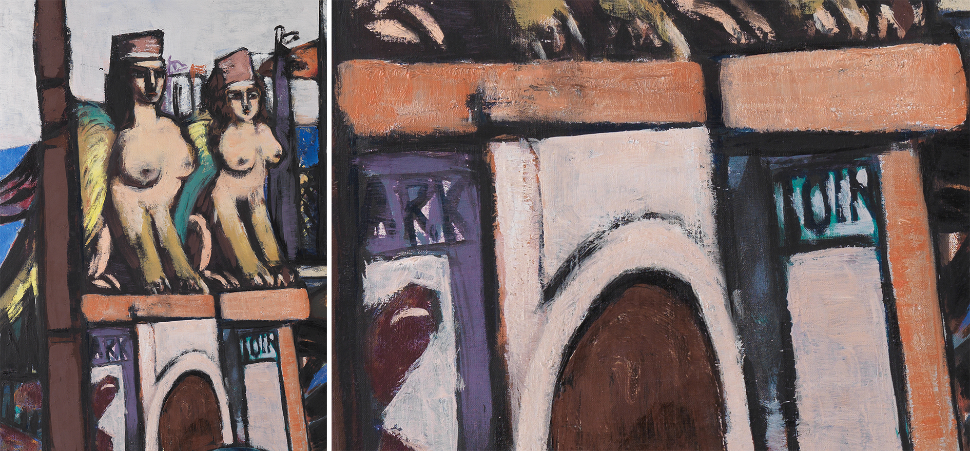 Links: Ausschnitt aus Max Beckmanns Gemälde Abtransport der Sphinxe. Detail von zwei Sphinxen auf einem Torbogen. Rechts: Ausschnitt aus Max Beckmanns Gemälde Abtransport der Sphinxe. Torbogen mit der Aufschrift ARK und TOIR.