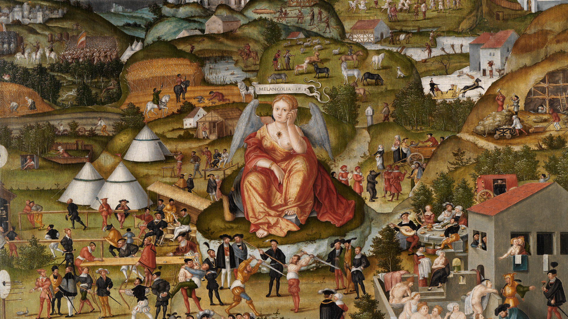 Das Gemälde stellt zahlreiche kleine Personen dar, die alltäglichen Arbeitsaufgaben und Vergnügungen nachgehen. Im Mittelpunkt sieht man eine größer dargestellt Frau, die den Kopf in die Hand gestützt hat.