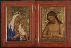 Folding altar by a Bohemian master. Left panel: The infant Jesus touches the cheek of his mother, who is wearing a veil and a crown. Right side: The suffering, naked Christ has closed his eyes and shows his wounds.