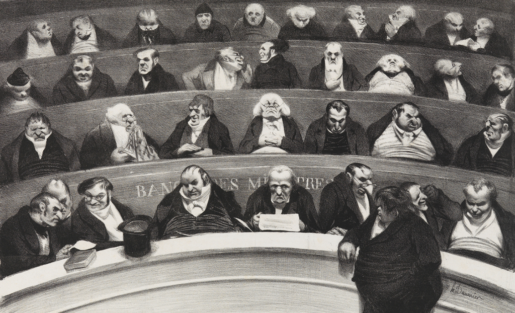 Lithograph by Honoré Daumier: Thirty men in suits sit heavily on tiered steps. The body shapes and facial features are portrayed in an overly unflattering manner.