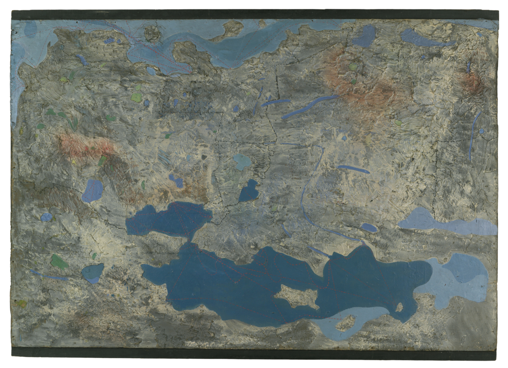 The painting by the Expressionist artist Max Ernst shows a painted landscape in the form of a map. Shown here is the European continent.