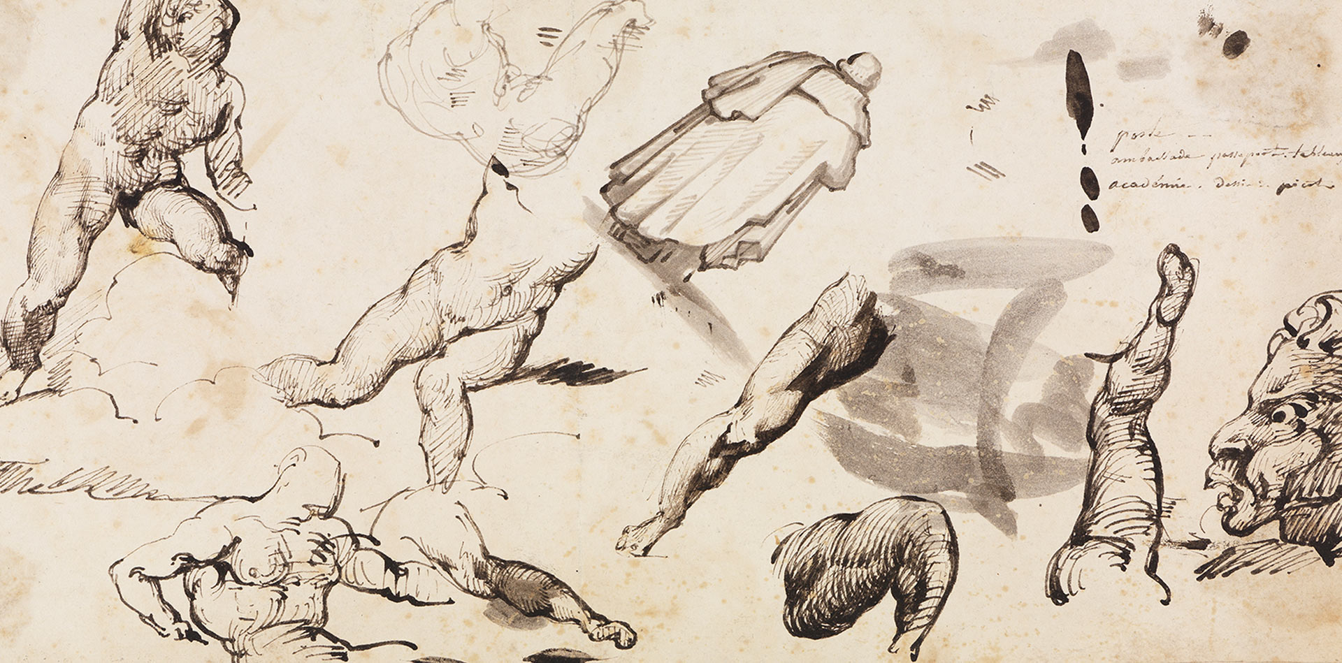 Auf der Abbildung des Studienblattes von Théodore Géricault sind verschiedene Skizzen und Studien von Körperteilen zu sehen.