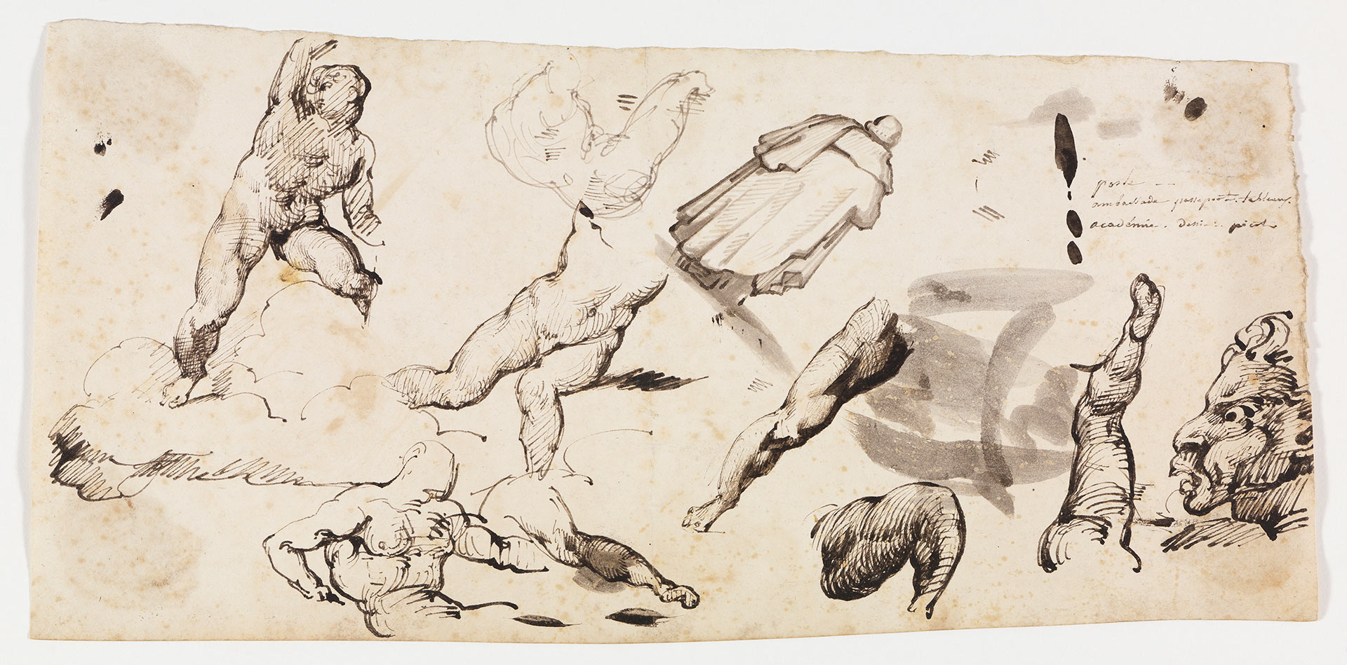 Auf der Abbildung des Studienblattes von Théodore Géricault sind verschiedene Skizzen und Studien von Körperteilen zu sehen.