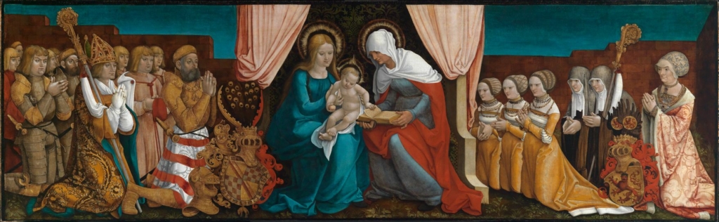 The work of art by the Renaissance artist Hans Baldung Grien shows Mary with the baby Jesus and another woman in the middle. You are surrounded by a group of people.