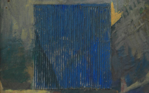 Ausschnitt aus dem Merzbild 21b, der eine quadratische blaue Wellpappe zeigt.