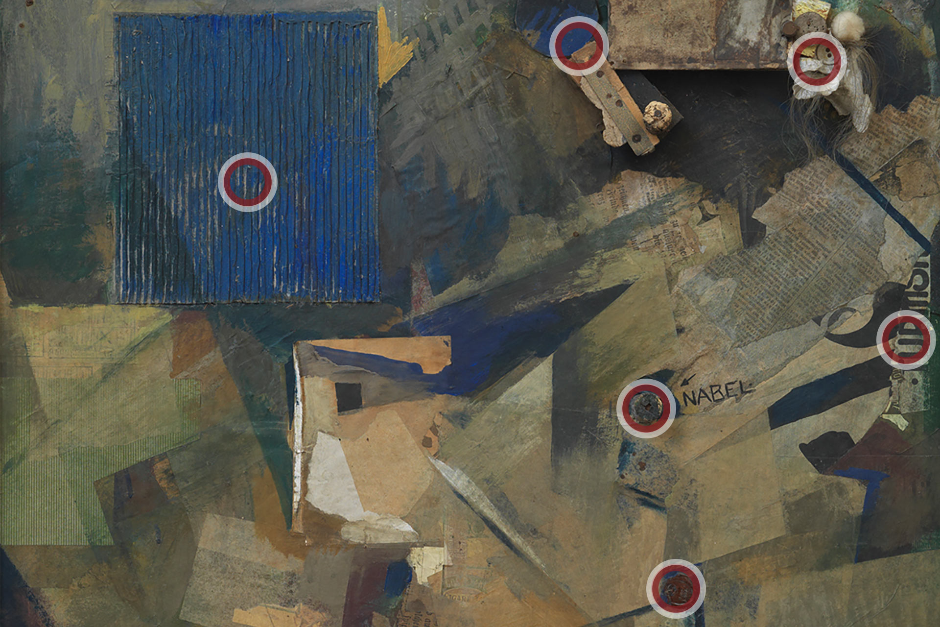 Abbildung des Werks Merzbild 21b von Kurt Schwitters mit verschiedenen Zoom-Punkten, hinter denen sich spannende Details verbergen.