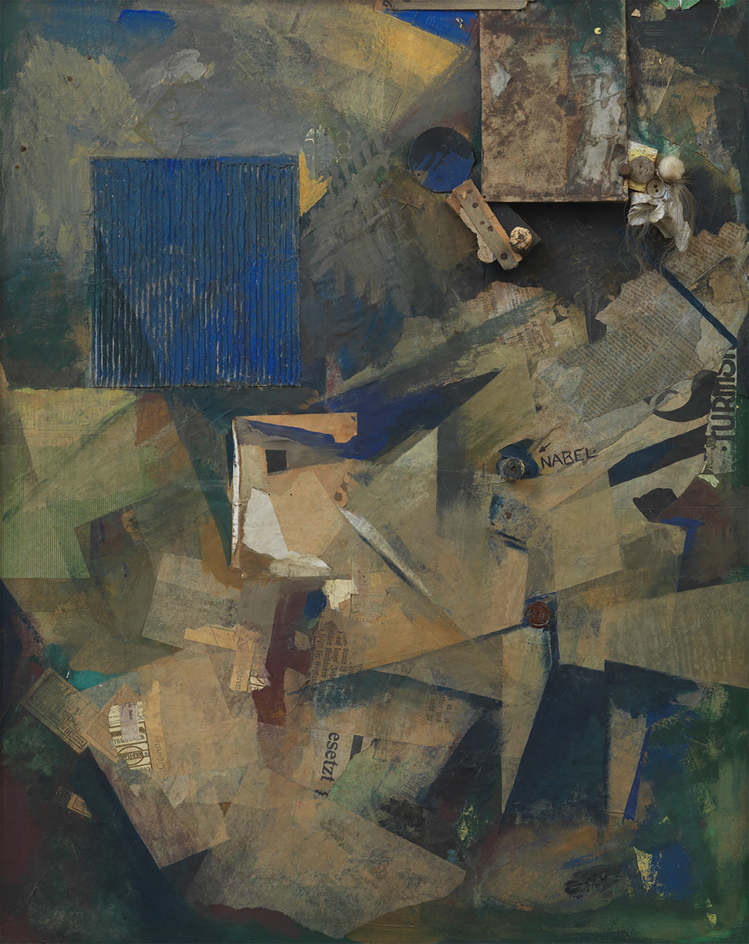 Abbildung des Werks Merzbild 21b von Kurt Schwitters, auf dem verschiedene Materialien zu einer Collage zusammengefügt und übermalt wurden.