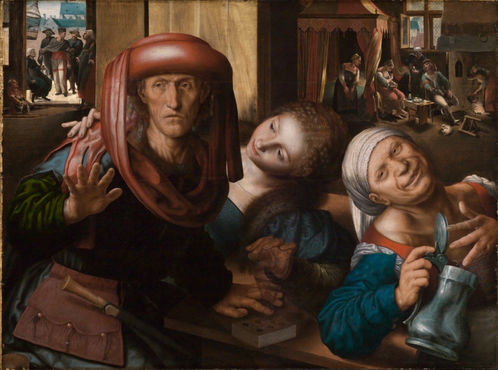 The picture by the Baroque artist Jan van Hemessen shows a group in a brothel. In the foreground are several people.