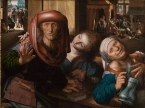 Das Bild des Barock Künstlers Jan van Hemessen zeigt eine Gesellschaft in einem Bordell. Im Vordergrund sind mehrere Personen.