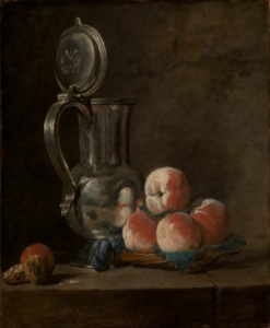 Das Gemälde des Künstlers Jean Simone Chardin zeigt einen Krug mit Pfirsichen. Der Hintergrund ist braun.