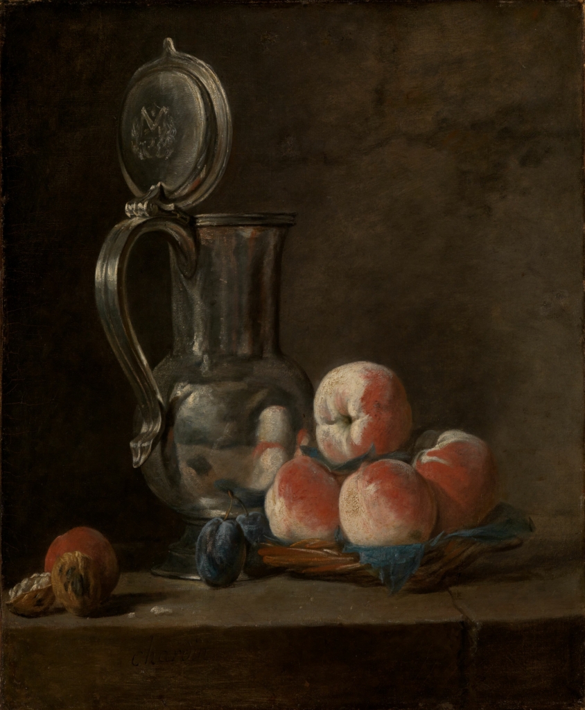 The painting by artist Jean Simone Chardin shows a jar of peaches. The background is brown.