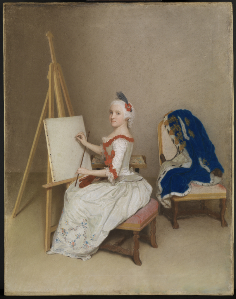 The painting by the baroque painter Jean Liotard shows a young woman in a white baroque dress. She sits in front of an easel and begins to paint on the still blank canvas.