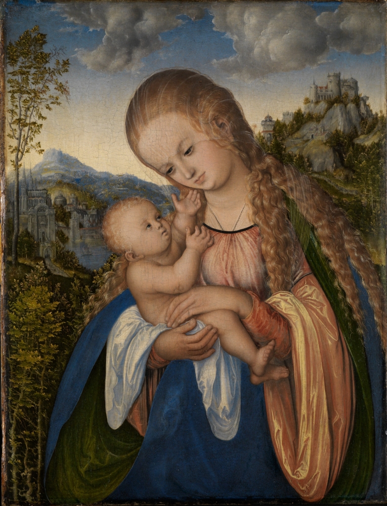 The artwork features a painting by Renaissance artist Lucas Cranach. It shows Mary the Mother of God. She holds the baby Jesus in her arms. A landscape opens up behind her.