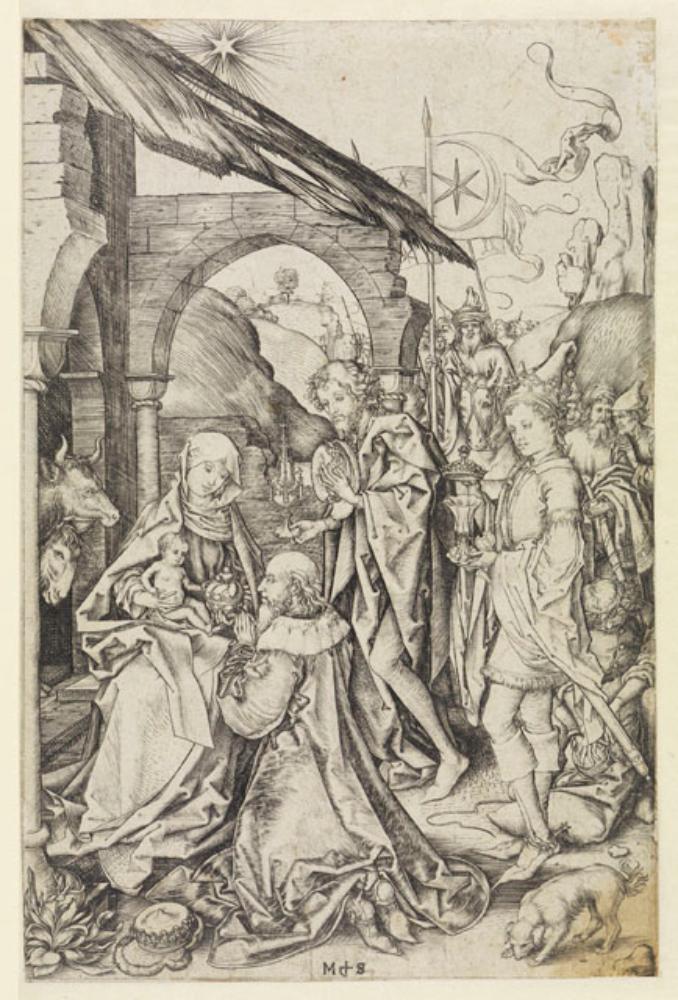 A king kneels before Mary with the child, two other kings and their entourage approach in the middle distance with gifts.