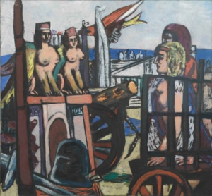 Das Kunstwerk des Expressionismus-Künstlers Max Beckmann zeigt eine abstrakte Darstellung von Sphinxen die abtransportiert werden. Dafür wurden die drei Sphinxen auf Wagen verladen.
