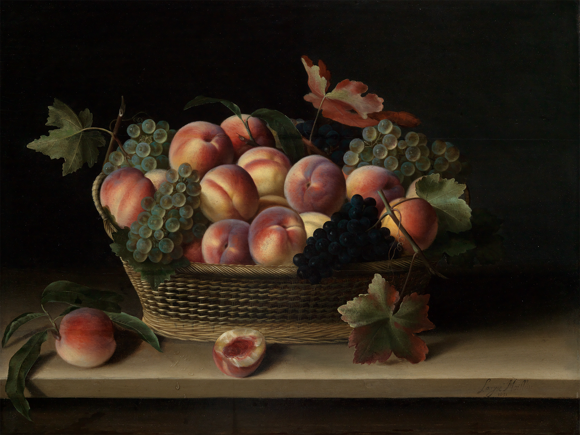 Abbildung eines Gemäldes, das einen Korb vor dunklem Hintergrund zeigt. In dem Korb liegen Trauben und Pfirsiche. Zwei Pfirsiche liegen außerhalb des Korbes.