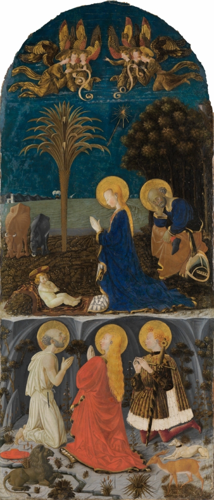 The painting by the artist Paolo Uccello shows Mary kneeling in front of the baby Jesus in the upper part. Joseph is sitting behind her. Further back you can see a donkey and a cow and a palm tree. Angels are seen in the sky. In the lower part the three holy kings kneel.