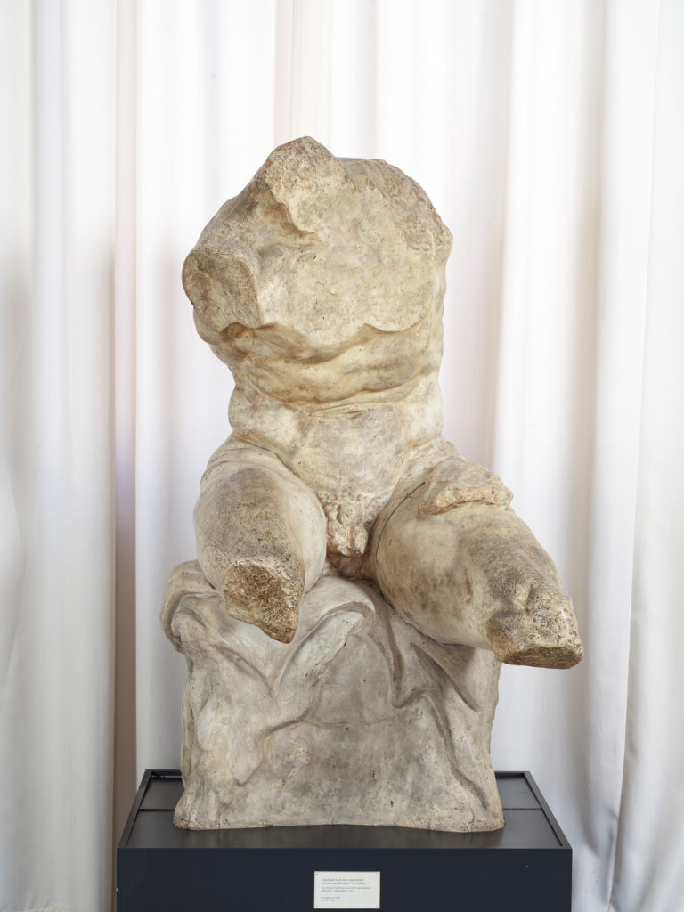 On display is the ancient sculpture of the Belvedere Torso. It shows the incomplete antique sculpture of a muscular naked man.