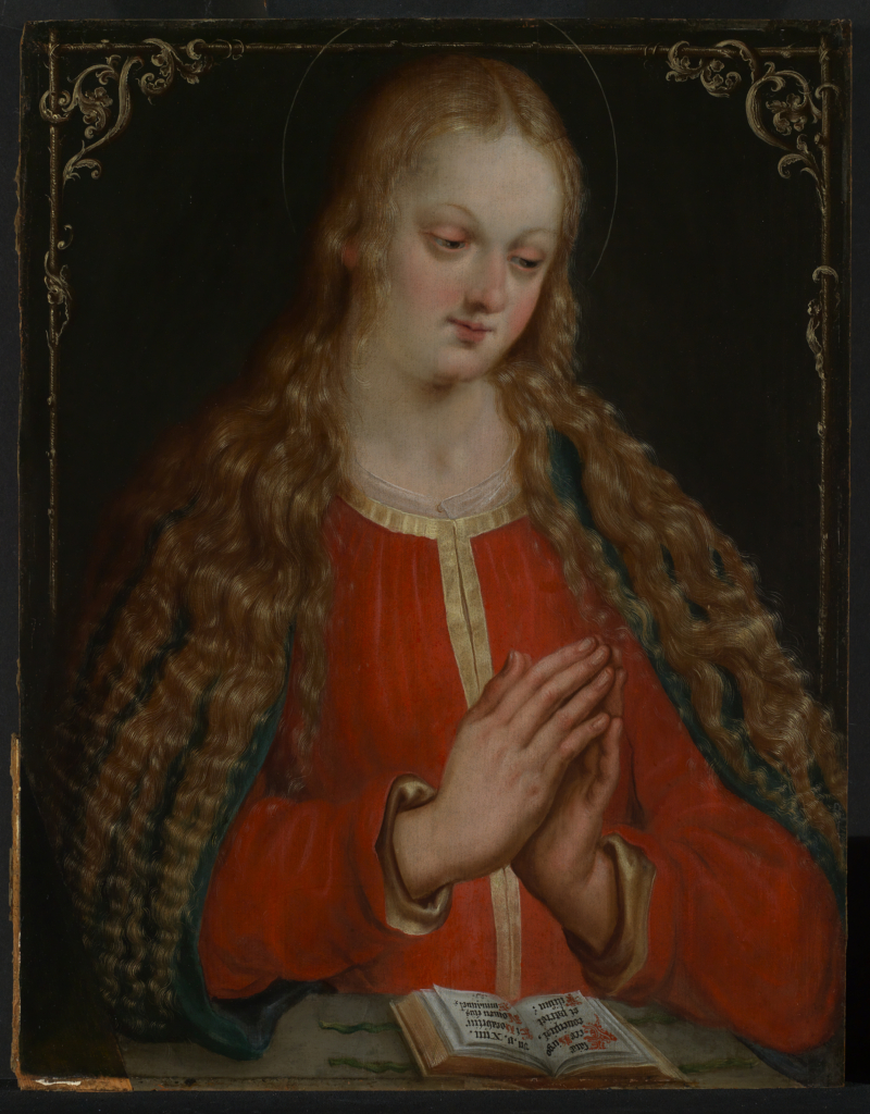 The art work shows the painting of Jacques Bellange the Annunciation. Maria wears a red coat and reads a book.