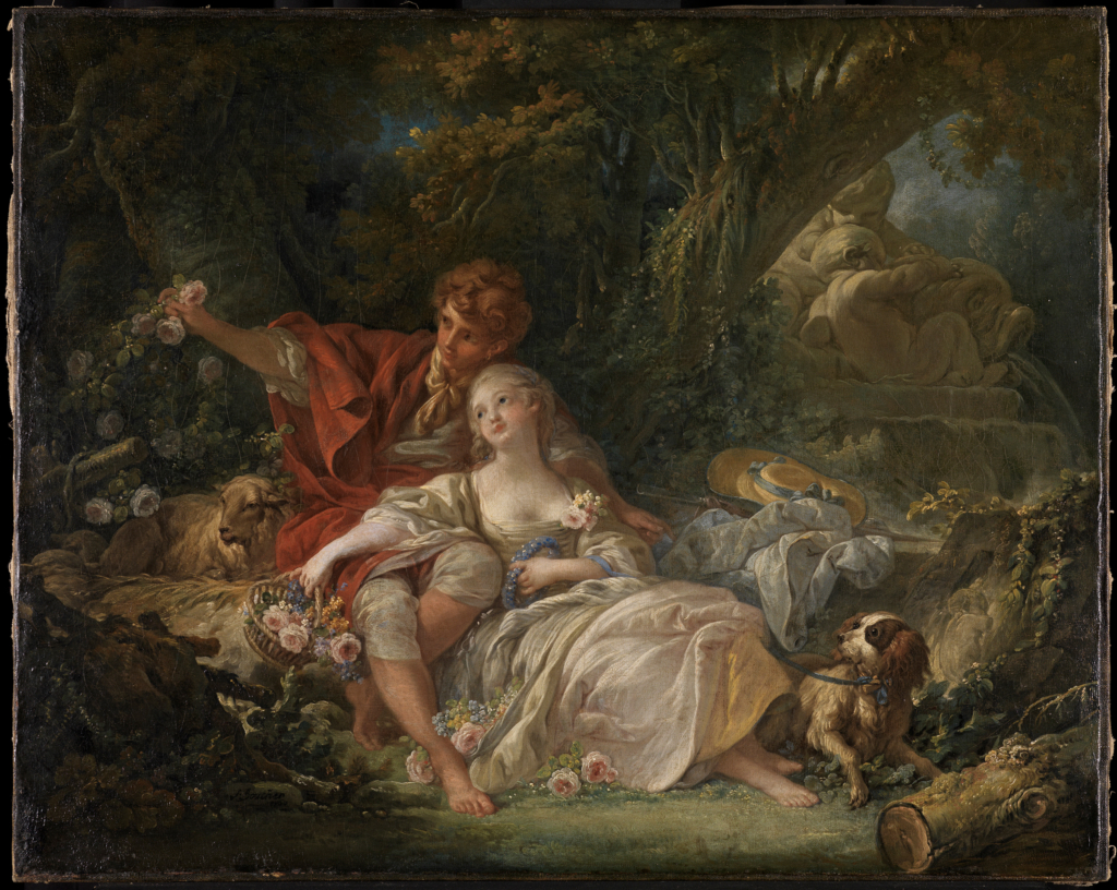 A young woman is leaning against a young man. Both look dreamily to the side and are surrounded e.g. of flowers and a sheep.