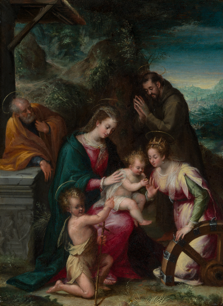 Painting by Lavinia Fontana: Against a landscape background, Mary holding the baby Jesus on her lap, who is giving a ring to St. Catherine. In the background two male saints.