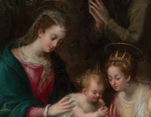 Ausschnitt aus dem Gemälde von Lavinia Fontana: Maria mit dem Jesuskind auf dem Schoß, das der heiligen Katharina einen Ring reicht.