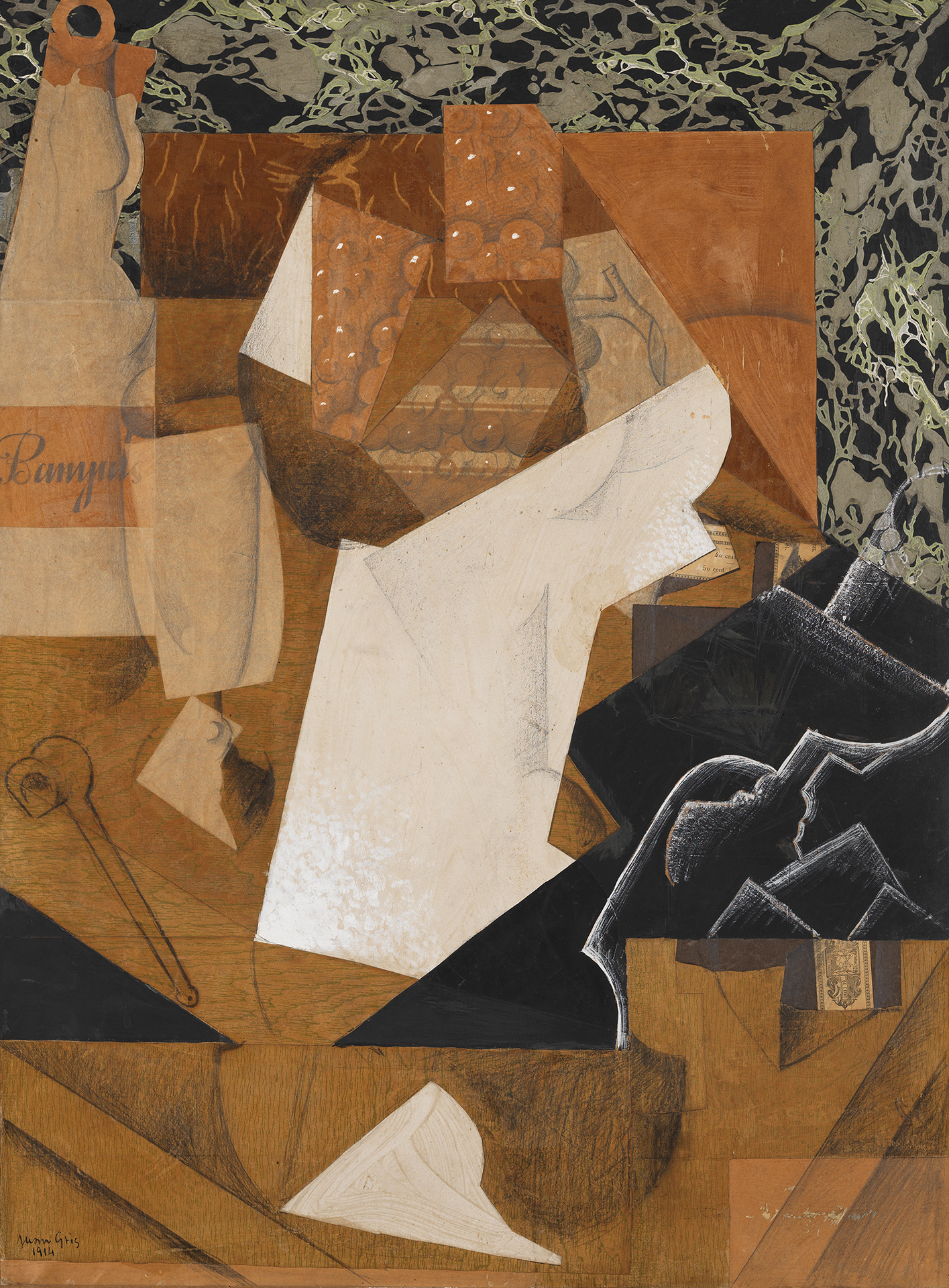 Collage von Juan Gris: Collage aus aufgeklebtem Papier und bemalten Flächen in Brauntönen und schwarz sowie gezeichneten Partien. Umrisse u. a. von Trauben und einer Pfeife.