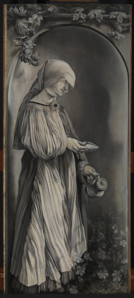 The painting shows a woman with a coat. The picture is painted in grey.
