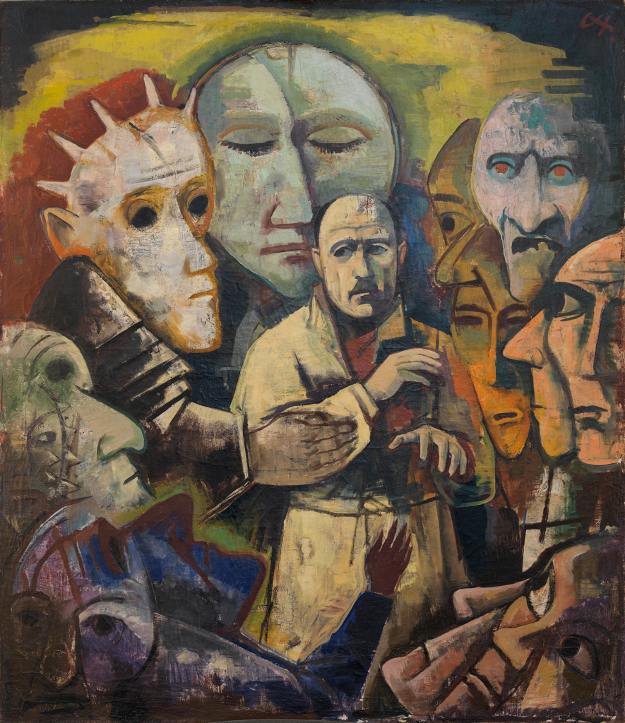 Karl Hofer's Self-Portrait with Demons. The painter in a self-portrait surrounded by large, mask-like faces