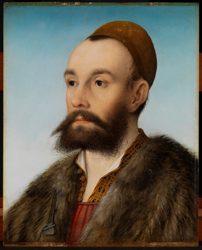 The painting shows a portrait of a man with beard and cap.