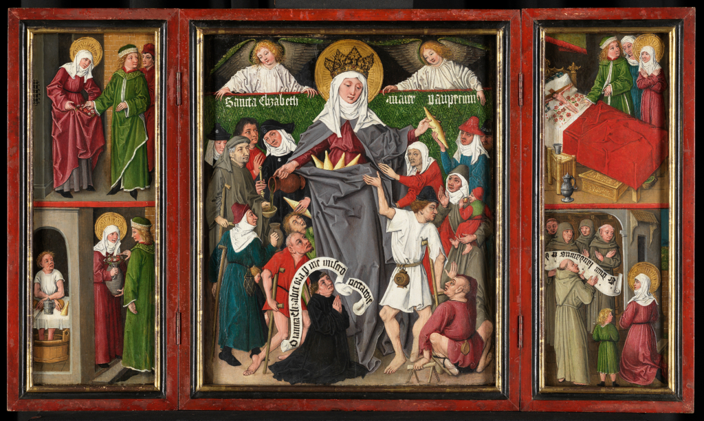 The art work shows three gothic paintings with spiritual meanings.