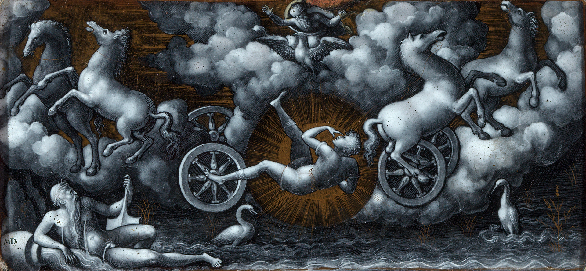 Email eines unbekannten Künstlers, in vielen Grauabstufungen gemalt und mit wenigen goldenen Partien: Über einem Fluss mit Flussgott birst ein Wagen, vier Pferde streben zu den Seiten in die Wolken, ein junger Mann fällt in die Tiefe.